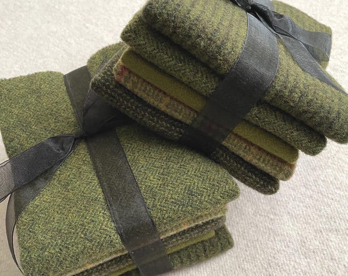 Wreath Green Ribbon Bundle, Felted Wool Fabric for Rug Hooking, Wool Appliqué, Sewing and Crafts