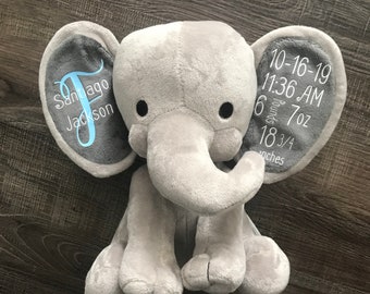Birth Stat Elephant, Birth stat stuffed animal, personalized baby gift