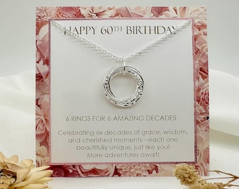 60th Birthday Gift for Women, Minimalist 6 Ring Necklace, Gift Wrapped Birthday Milestone Celebration, 6 Rings for 6 Decades Necklace