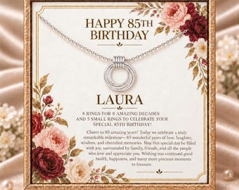 May include: A silver necklace with a pendant of multiple interlocking rings displayed on a card that reads HAPPY 85TH BIRTHDAY LAURA, 8 RINGS FOR 8 AMAZING DECADES AND 5 SMALL RINGS TO CELEBRATE YOUR SPECIAL 85TH BIRTHDAY, decorated with floral illustrations.