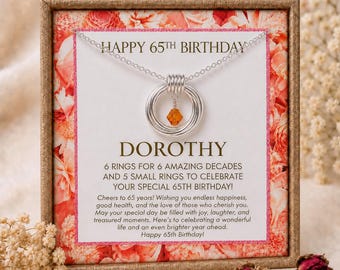 65th Birthday Necklace, Six Interlocking Rings, Milestone Gift for Her