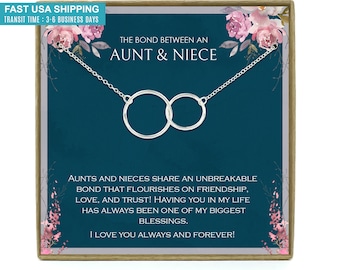May include: A teal blue card with a silver necklace featuring two interlocking circles. The card has a floral design and the text "The bond between an aunt & niece" and "AUNTS AND NIECES SHARE AN UNBREAKABLE BOND THAT FLOURISHES ON FRIENDSHIP, LOVE, AND TRUST! HAVING YOU IN MY LIFE HAS ALWAYS BEEN ONE OF MY BIGGEST BLESSINGS. I LOVE YOU ALWAYS AND FOREVER!"