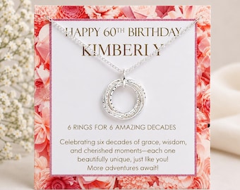 60th Birthday Gift for Women, Minimalist 6 Ring Necklace, Gift Wrapped Birthday Milestone Celebration, 6 Rings for 6 Decades Necklace