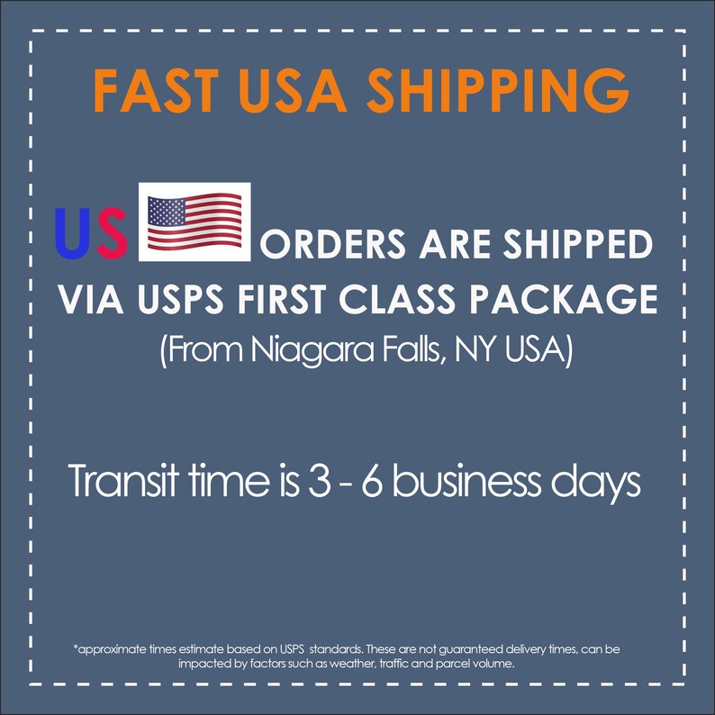 May include: A blue and white graphic with the text "FAST USA SHIPPING" in orange. The graphic also includes a US flag and the text "ORDERS ARE SHIPPED VIA USPS FIRST CLASS PACKAGE (From Niagara Falls, NY USA)". The graphic also includes the text "Transit time is 3 - 6 business days".