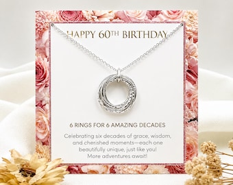 60th Birthday Gift for Women, Minimalist 6 Ring Necklace, Gift Wrapped Birthday Milestone Celebration, 6 Rings for 6 Decades Necklace