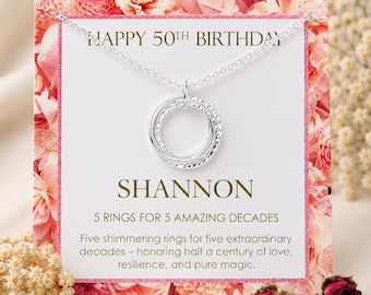50th Birthday Gift for Women, Personalized 5 Ring 5 Decades Necklace