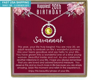 May include: A silver necklace with a yellow gemstone pendant, presented on a card with the text "Happiest 20th Birthday Savannah." The card has a burgundy background with floral accents and a heartfelt message.