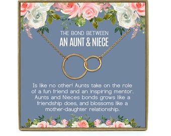 May include: A blue gift box with a floral design on the top and bottom. The box contains a gold necklace with two interlocking circles. The text on the box reads "The bond between an aunt & niece" and describes the special relationship between aunts and nieces.
