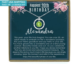 May include: A teal blue gift box with a silver necklace and a green gemstone pendant. The box has a floral design and the text "Happiest 20th Birthday Alexandra".