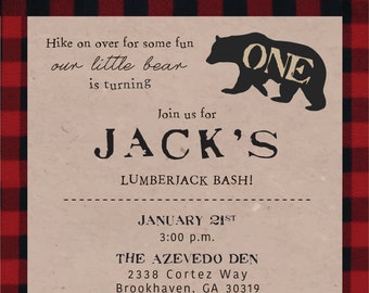 Invitación al primer cumpleaños de camping/leñador