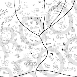 Carte d'Atlanta dessinée à la main, carte de dessin animé, carte d'Atlanta au trait, Illustration fantaisiste