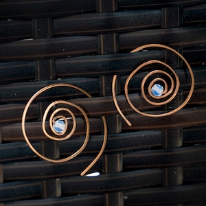 Spiral Moon Earrings, Handmade Copper Swirl Earrings with Blue Gem, Ocean Orbit