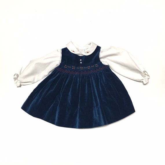 vintage 80s girls dress blue velvet smocked dress