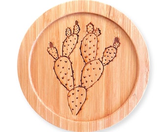 Prickly Pear Cactus Laser Etched Bamboo Coaster - Original art - made in the USA - lightweight, eco-friendly, water resistant