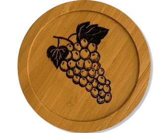 Grapes Laser Etched Bamboo Coaster - Original art - made in the USA - lightweight, eco-friendly, water resistant