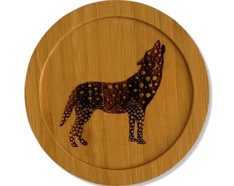 Wolf Laser Etched Bamboo Coaster - Original art - made in the USA - lightweight, eco-friendly, water resistant