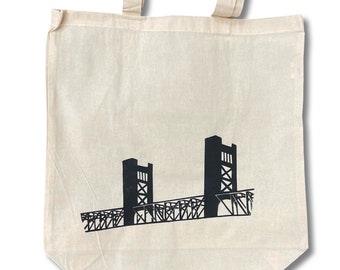 Sacramento Tower Bridge Tote Bag - Originale Zeichnung - 100% Baumwolle, hergestellt in den USA, Handsiebdruck, California