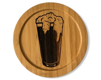 Beer Laser Etched Bamboo Coaster - Original art - made in the USA - lightweight, eco-friendly, water resistant