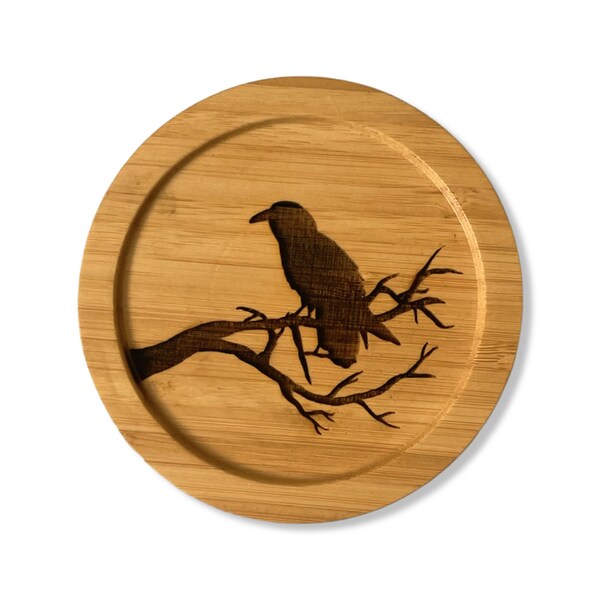 Raven Laser Etched Bamboo Coaster - Original art - made in the USA - lightweight, eco-friendly, water resistant