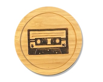 Cassette Tape Laser Etched Bamboo Coaster - Original art - made in the USA - lightweight, eco-friendly, water resistant