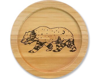 Grizzly Bear Laser Etched Bamboo Coaster - Original art - made in the USA - lightweight, eco-friendly, water resistant