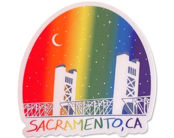 Sacramento Rainbow Waterproof Sticker - original artwork, made in the USA, laptop, water bottle travel mug, California