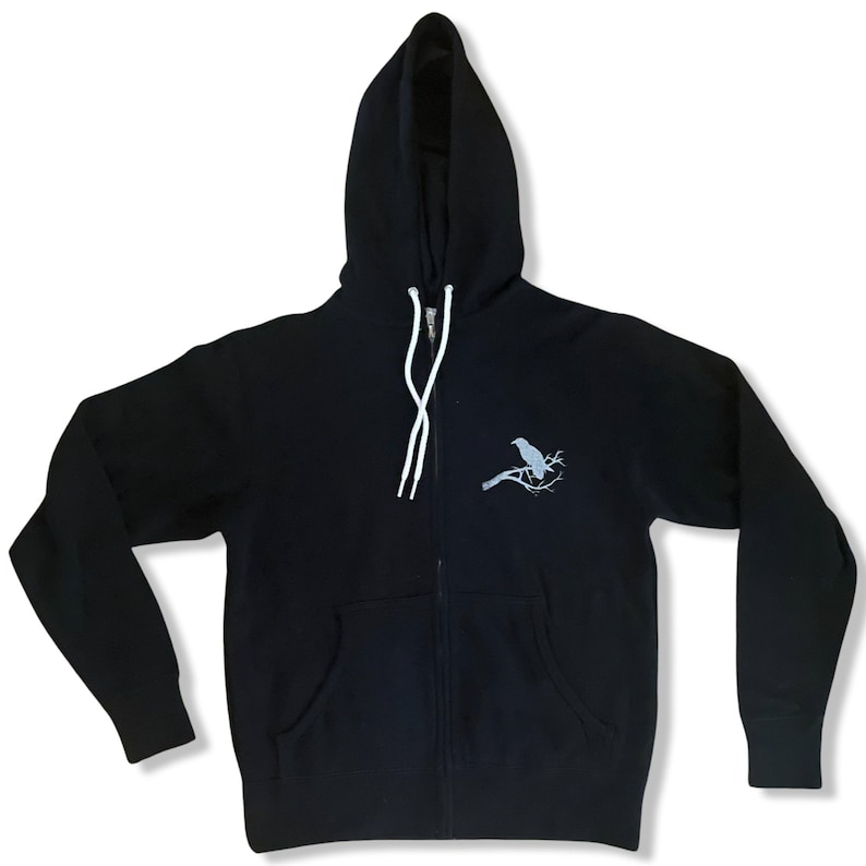 Raven Hoodie Unisex, Rits aan de voorkant, Zwart, Superzacht, Comfortabele ritssluiting, Lichtgewicht, Fair Trade, MADE IN USA Crow afbeelding 2