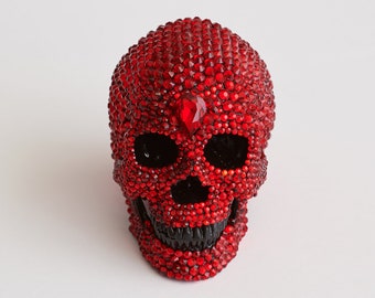 Mini resin glass Ruby red crystal covered Human Skull