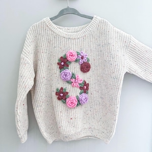 Flower Initial Sweater|Personalized Hand Embroidered Initial Sweater|Custom Baby Initial Sweater|Stitched Sweater|Keepsake Sweater