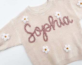 Schneller Versand gestickter Name Pullover | Babymitteilung | Übergroßer benutzerdefinierter Pullover | Personalisierte Babypullover | Frühlings Pullover für Kinder