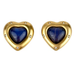 Chameau Et Chameau Givenchy Heart Earrings Vintage 80s Designer Signed Blue Gripoix Glass Crystal Brushed Gold Plated Clip On
