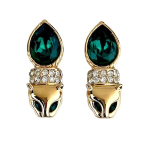 Chameau Et Chameau Jackie Collins Panther Earrings Vintage 80s Emerald Green Crystal Gold Plated Clip On SIGNED