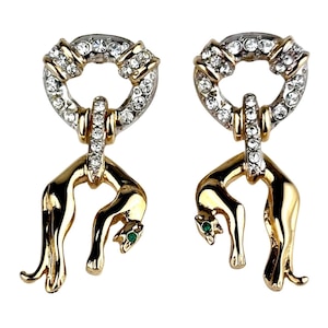 Chameau Et Chameau Jackie Collins Vintage 80s Panther Cat Hanging Diamanté Clear Green Crystal Polished Gold Plated Drop Earrings