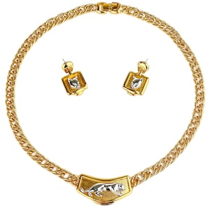 Chameau Et Chameau Jackie Collins Vintage 80s Panther Gold Plated Chain Link Necklace And Door Knocker Earrings SIGNED