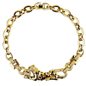 Chameau Et Chameau Replica Collection Italy Vintage 90s Leopard Panther Diamanté Pave Crystal Black Enamel Gold Plated Chain Link Necklace