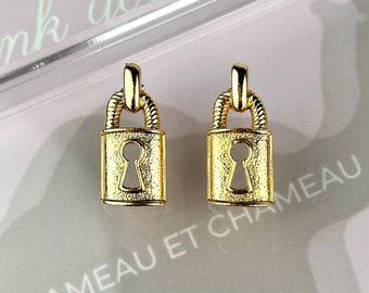 Chameau Et Chameau Bijoux Givenchy Vintage 90s Padlock Skeleton Keyhole Gold Plated Post Drop Earrings SIGNED