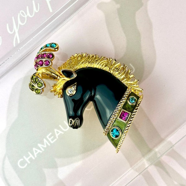 Chameau Et Chameau Bijoux Cascio VTG 60s Florentine Circus Horse Black Enameled Bejeweled Crystal Feather Plumes And Collar Brooch SIGNED