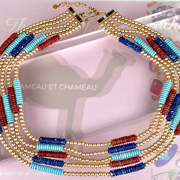 Chameau Et Chameau Metropolitan Museum Of Art MMA Vintage Egyptian Turquoise Lapis Carnelian Disk Gold Plated Bead Five Strand Necklace