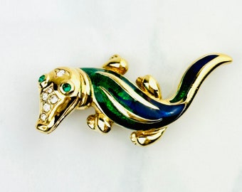 Chameau Et Chameau SAL Swarovski Vintage 80s Mini Crystal Blue Green Guilloche Enamel Figural Alligator Brooch SIGNED