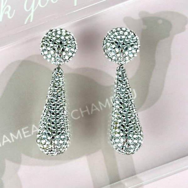 Chameau Et Chameau Richard Kerr Vintage 80s Bejeweled Clear Crystal Oblong Drop Dangle Earrings SIGNED