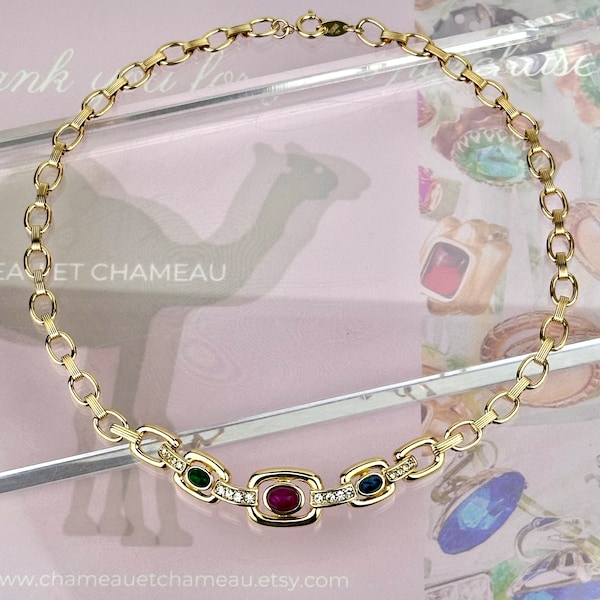 Chameau Et Chameau Trifari TM 90s Vintage Mogul Multicolor Gripoix Glass Cabochon Chain Link Necklace SIGNED