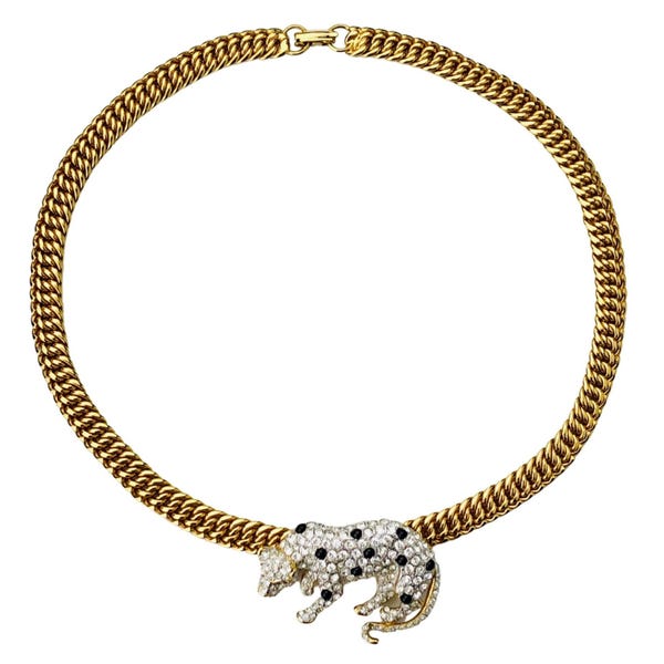 Chameau Et Chameau J.L. Aldenkamp Vintage Diamanté Pave Crystal Black Cabochon Leopard Slider Pendant Chain Necklace SIGNED