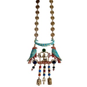 Chameau Et Chameau ART Arthur Pepper Vintage Egyptian Revival Horus God Falcon Bird Pharoah Enamel Glass Bead Pectoral Necklace
