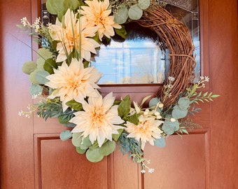 Yellow Dahlia Wreath: Spring Floral Farmhouse Door Decor