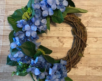Hydrangea Spring Floral Wreath, Blue Hydrangeas Wreath with greenary accents - 20 inches