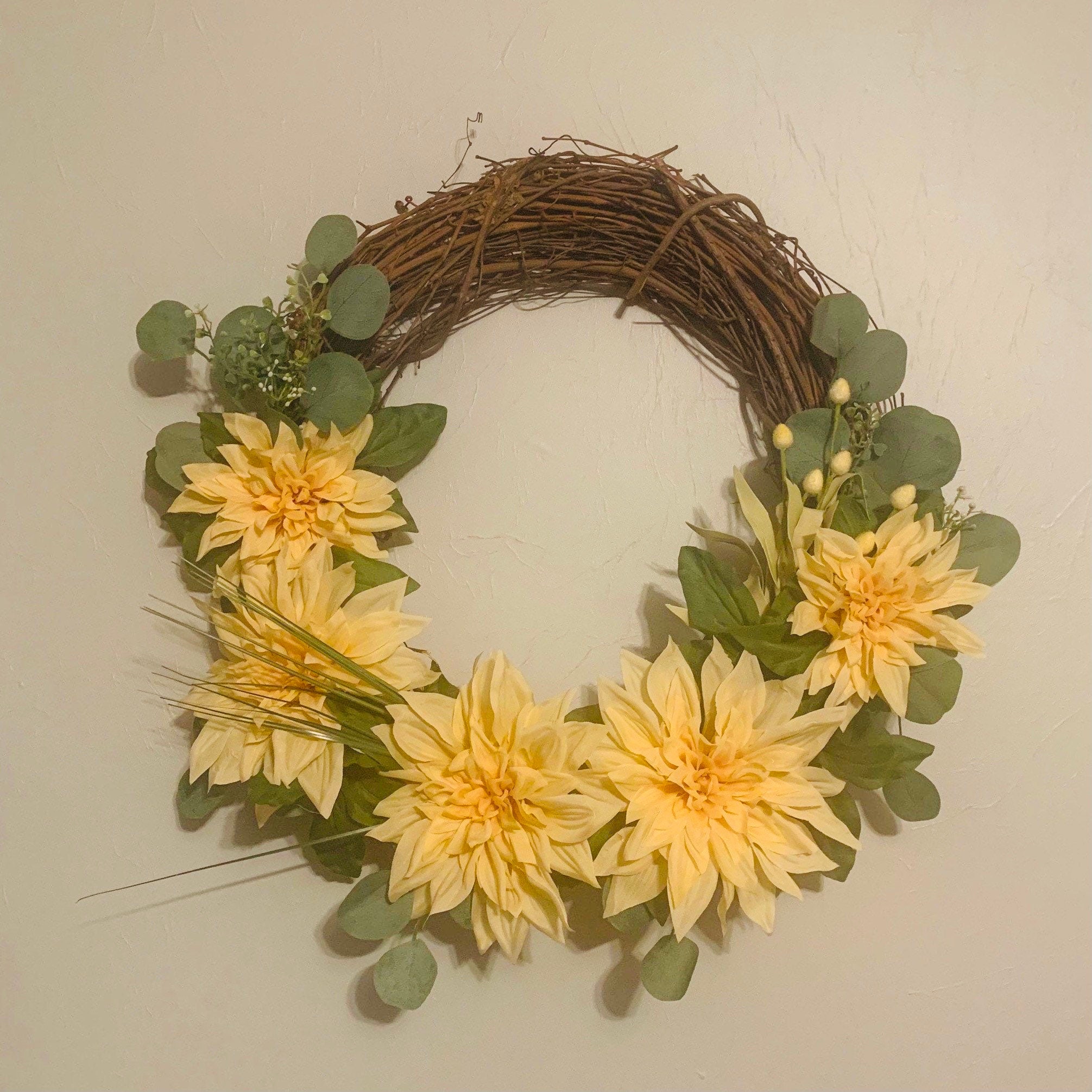 Yellow Dahlia Wreath, Front Door Spring Floral Wreath, With Eucalyptus