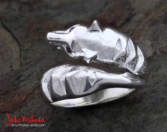 THYLACINE Silver Ring, TASMANIAN TIGER Art Gift, Open Wrap Adjustable Size, Totem Animal, Extinct Animal Gift, Wildlife Conservation, Tassie