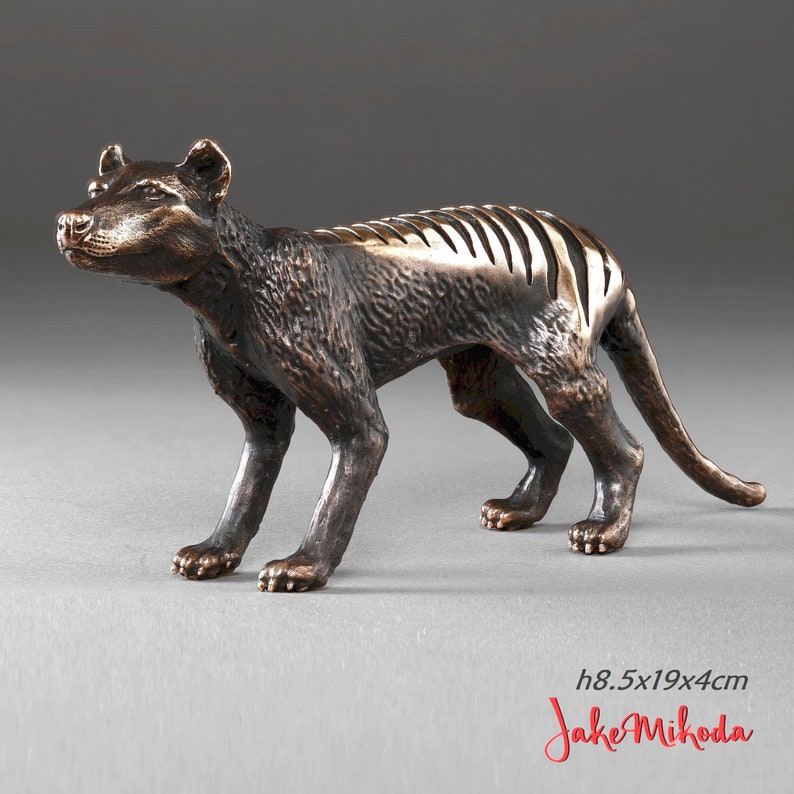 Bronze sculpture of  extinct animal Thylacine (Tasmanian Tiger) cast in Australia by Jake Mikoda