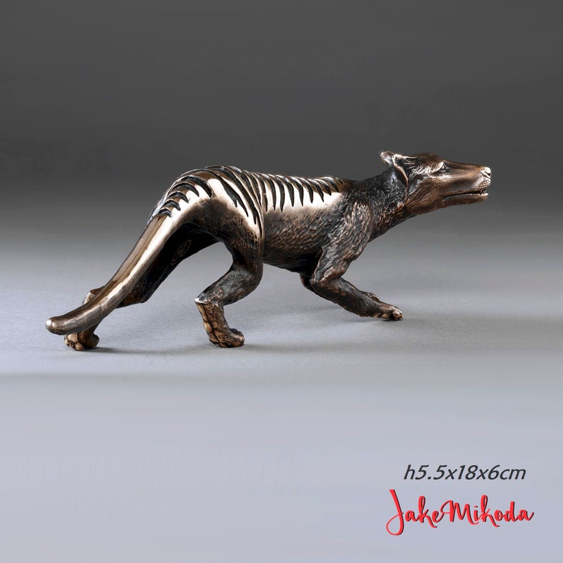 May include: Bronze sculpture of a Tasmanian tiger, a carnivorous marsupial that is now extinct. The sculpture is 5.5 inches tall, 18 inches long, and 6 inches wide. The sculpture is in a walking pose, with its head turned to the right. The sculpture is made of bronze and has a dark brown patina.
