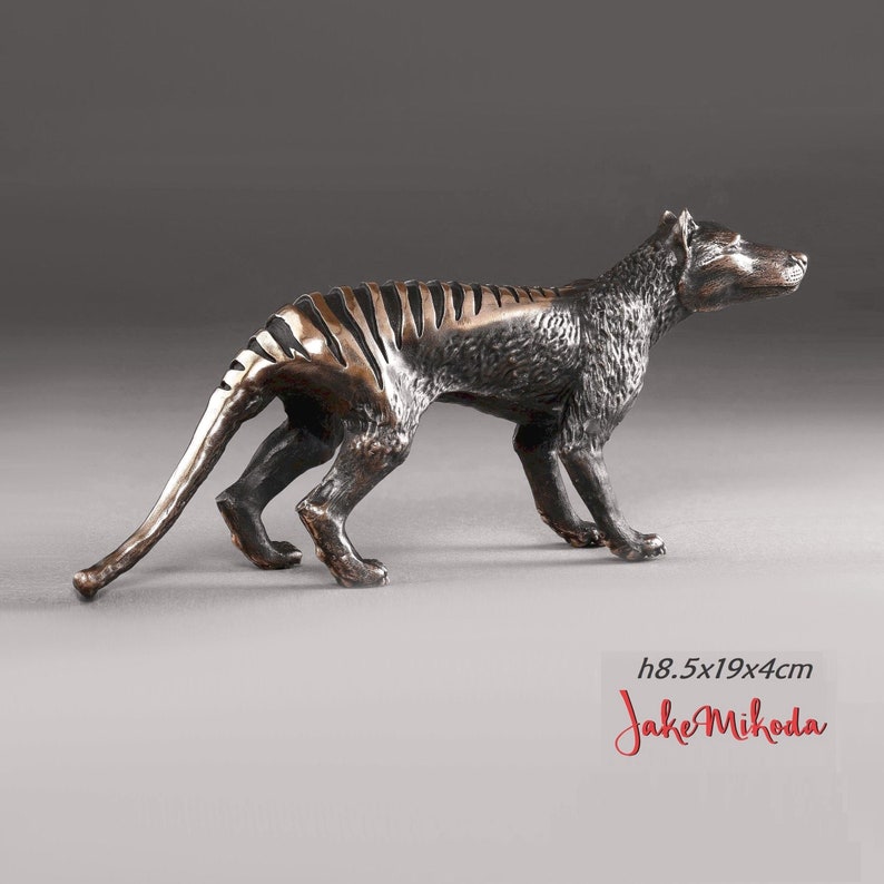 Puede incluir: Escultura de bronce de un tigre de Tasmania, tambi&eacute;n conocido como tilacino, de pie sobre una superficie gris. La escultura mide 8,5 cm de alto, 19 cm de largo y 4 cm de ancho. La escultura est&aacute; firmada "Jake Mikoda".